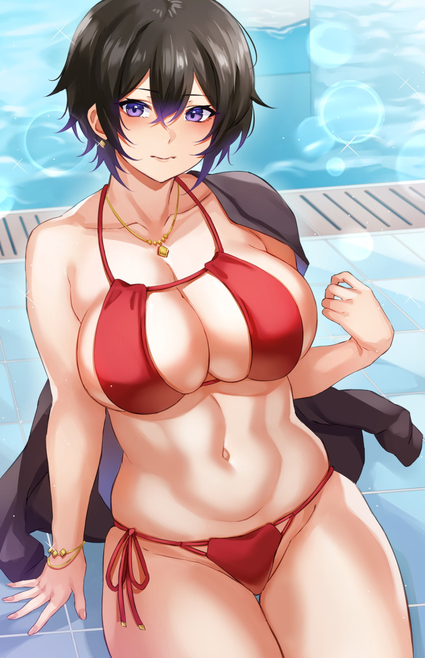 1girls 2022 3: bikini black_hair black_jacket blush bracelet breasts cleavage closed_mouth collarbone earrings glint groin highres hikari_(komitiookami) jacket jacket_on_shoulders jewelry large_breasts looking_at_viewer navel off_shoulder on_floor original pool poolside purple_eyes red_bikini red_ribbon ribbon short_hair side-tie_bikini_bottom single_bare_shoulder sitting solo stomach swimsuit thigh_gap tile_floor tiles water