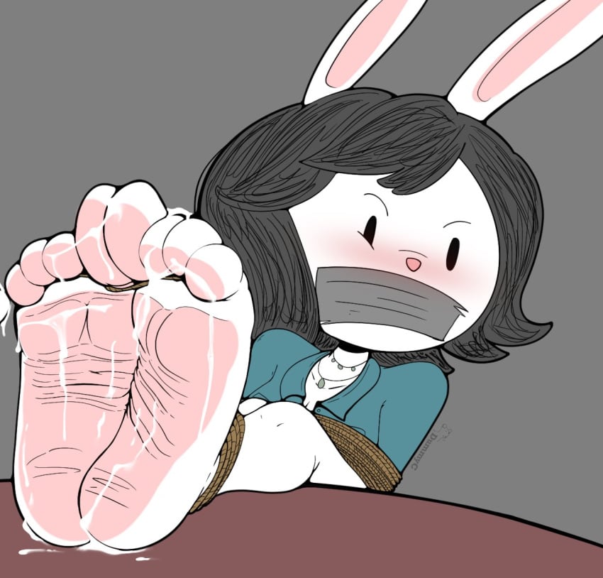 2d 2d_(artwork) anthro black_hair bound bound_feet bound_legs bound_wrists cum cum_on_feet cum_splatter cum_string dummycervine elinor_wonders_why feet feet_together feet_up foot_fetish foot_focus humanoid humanoid_feet milf older_female rabbit rabbit_ears rabbit_humanoid tied tied_feet tied_up