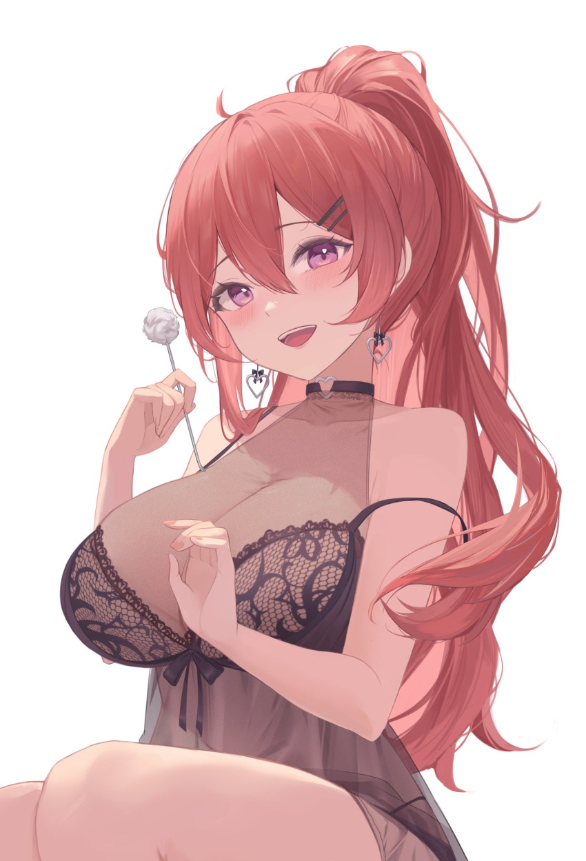 1girls blush cotton_swab earrings flower_huhu happy light-skinned_female light_skin looking_at_viewer mirolive open_mouth ponytail purple_eyes red_hair see-through see-through_clothing solo tabasuko_(virtual_youtuber) virtual_youtuber