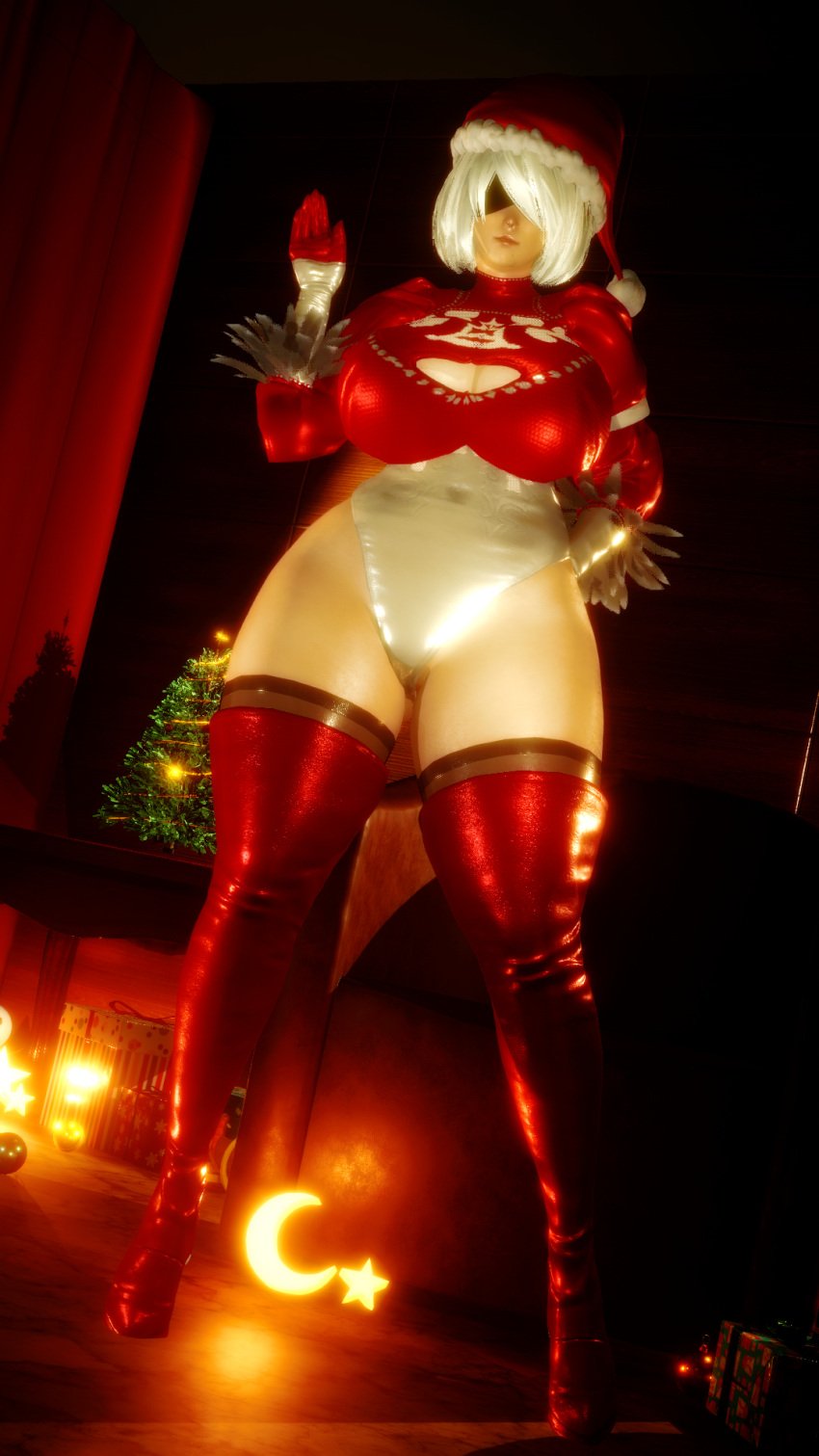 3d ass big_ass blindfold breasts christmas_outfit curvy_figure nier:_automata ragedkc square_enix thick_legs thong_leotard yorha_2b