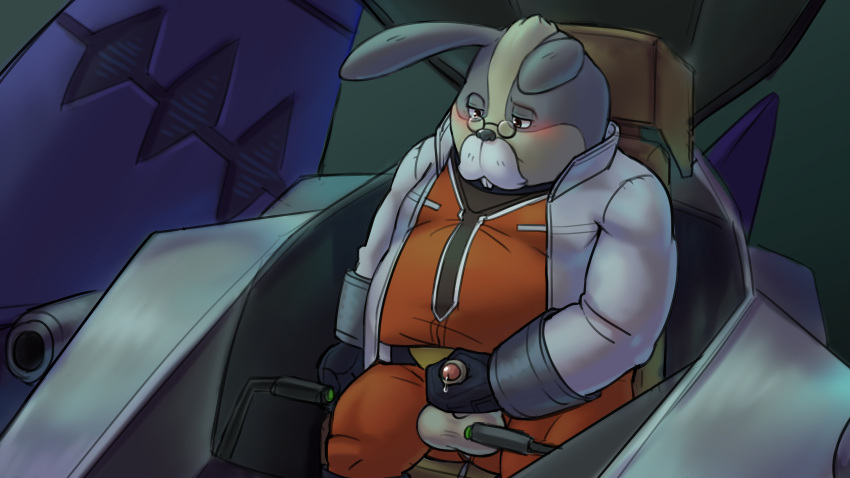 2023 absurd_res anthro balls clothed clothing detailed_background eyewear genitals glasses hi_res kemono lagomorph leporid male mammal masturbation mature_male nintendo overweight overweight_male penis peppy_hare rabbit sakusan_kc sitting solo star_fox