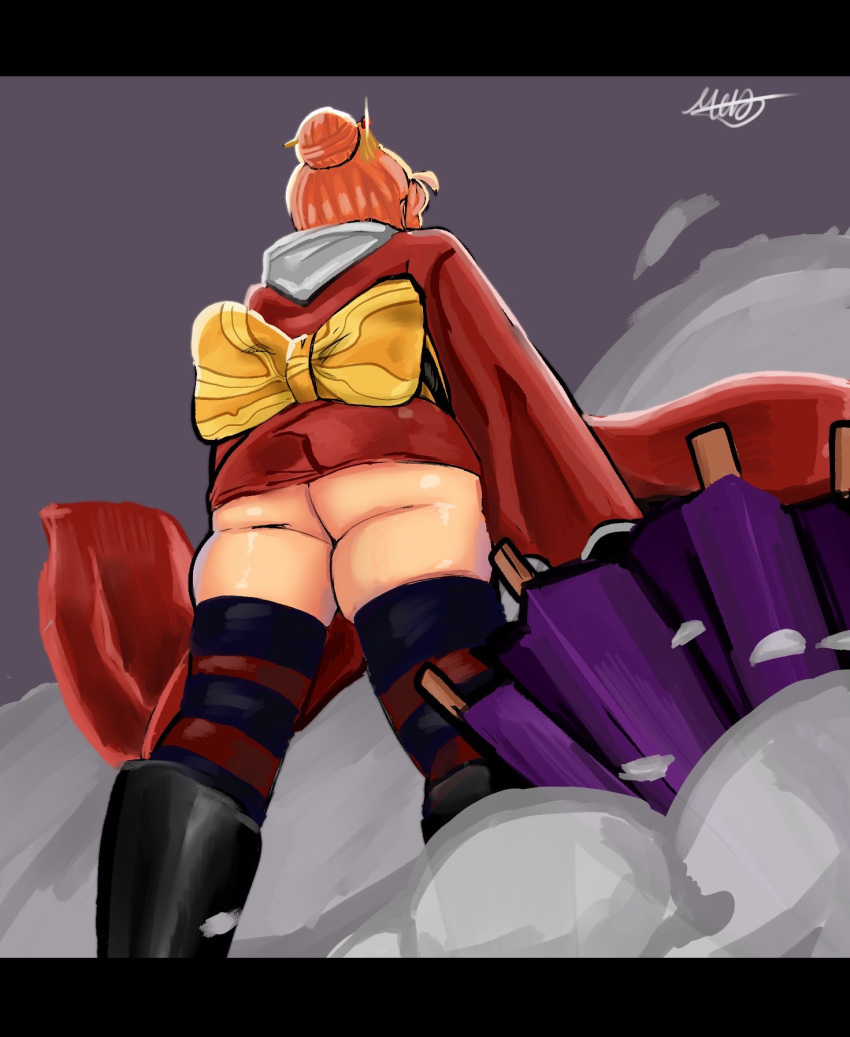 ass big_ass boots female female_only gintama hair_bun hair_ornament japanese_clothes kagura_(gintama) kimono low-angle_view mobi_mobi mobubeinglewd obi official_alternate_costume orange_hair short_dress short_kimono solo striped_legwear striped_thighhighs thick_thighs thighhighs umbrella underass zettai_ryouiki