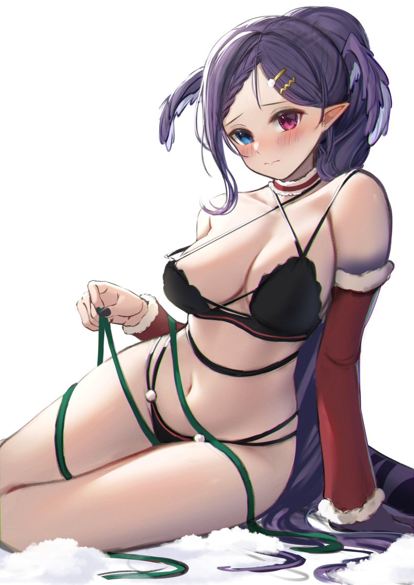 1girls artist_request bare_midriff bare_shoulders belly_button big_breasts black_underwear blush cleavage collar detached_sleeves exposed_shoulders fluffy_collar hair_wings hairclip head_wings heterochromia legs looking_at_viewer midriff navel nijisanji nijisanji_en ponytail purple_hair quacke selen_tatsuki solo solo_female solo_focus strap_slip underwear virtual_youtuber white_background