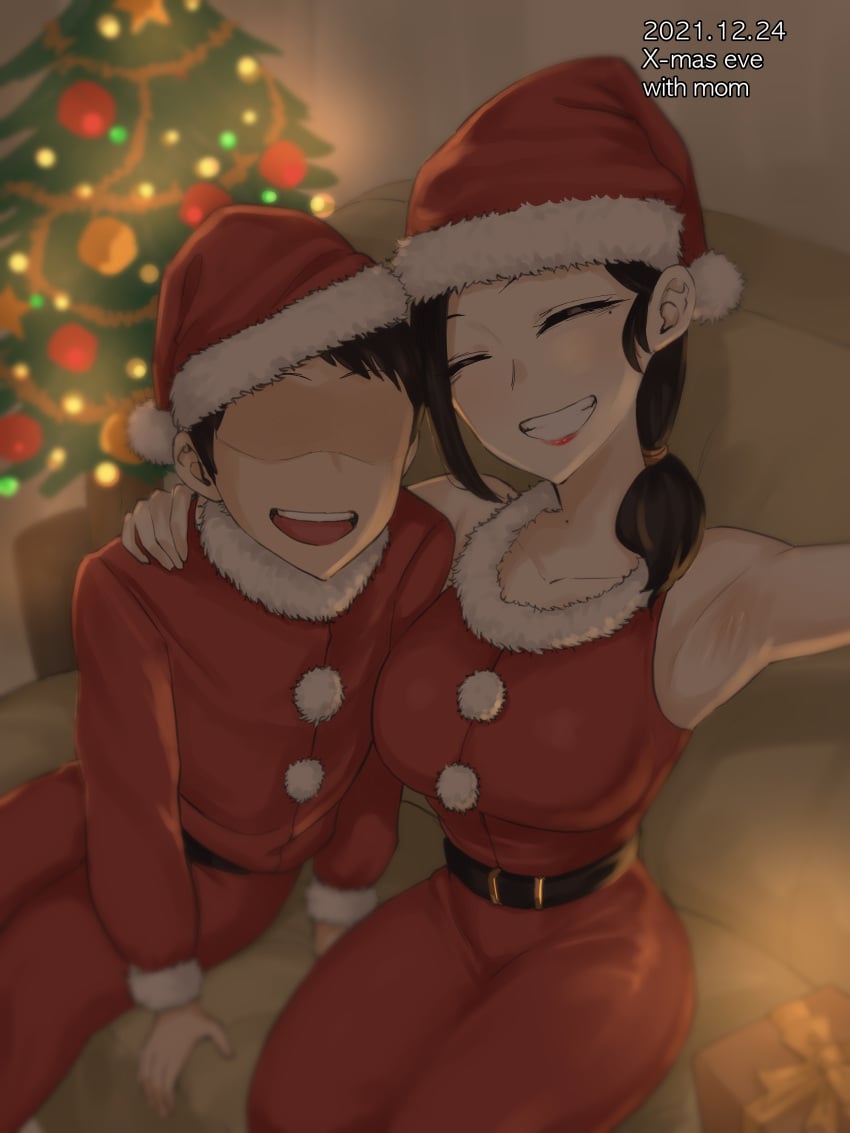 1boy 1girls christmas christmas_outfit doujin_cover faceless_male laliberte light-skinned_female light-skinned_male light_skin looking_at_viewer mother_and_son original original_character photo