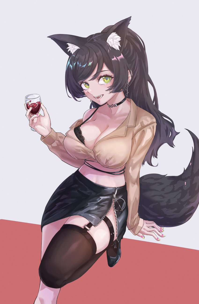 1girls animal_ears black_bra black_tail bra earrings fangs female female_only fluids green_eyes light-skinned_female light_skin looking_at_viewer meridian_project pavo543 seki_(vtuber) solo tail virtual_youtuber wine wine_glass wolf_ears wolf_girl wolf_tail