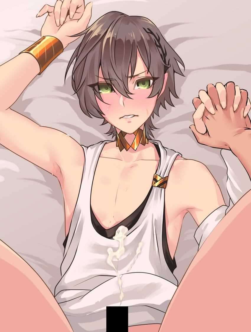 2boys armpits biting_lip brown_hair censored censored_penis crossdressing cum_on_chest cum_on_clothes cum_on_lower_body ejaculation fate/grand_order fate_(series) femboy feminine_male greek_mythology green_eyes hand_holding hikichi_sakuya implied_penetration jewelry looking_at_viewer lying_on_back makarios_(fate) on_bed otoko_no_ko pov short_hair small_dom_big_sub spread_legs sweat sweatdrop trap twink yaoi