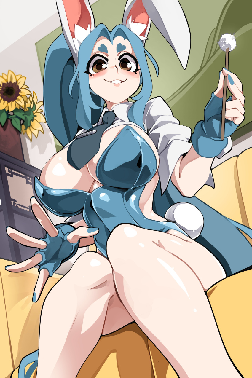 1girls absurd_res big_breasts blue_hair bongfillstudent brown_eyes bunny_ears bunny_girl bunny_industry_(bongfillstudent) bunny_tail bunnysuit cotton_swab female female_only fingerless_gloves frame_bunny_(bongfillstudent) inviting lap_pillow_invitation long_hair looking_at_viewer necktie ponytail shirt sitting sleeves_rolled_up smiling smiling_at_viewer solo solo_focus viewed_from_below