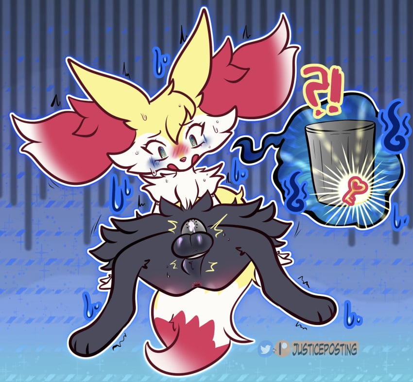 2022 anthro anus artist_name balls black_body black_fur blush bodily_fluids braixen canid canine chastity_cage chastity_device cum cum_on_chastity_cage digital_drawing_(artwork) digital_media_(artwork) english_text femboy fur generation_6_pokemon genital_fluids genitals green_eyes grey_(dgbraixen) hi_res inner_ear_fluff justiceposting key_disposal male male_only mammal metal_chastity_cage nintendo open_mouth pattern_background permanent_chastity permanent_chastity_device pokémon_(species) pokemon pokemon_(species) simple_background sitting solo striped_background surprised_expression sweat sweatdrop text tuft upset white_body white_fur yellow_body yellow_fur