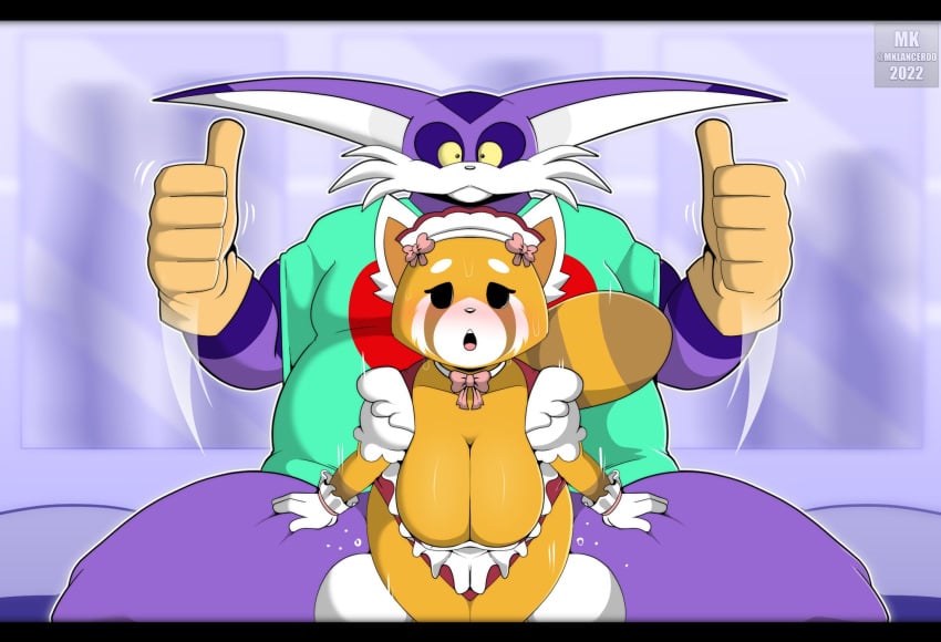 aggressive_retsuko ailurid anthro big_breasts big_ears big_the_cat blush bottomless breasts cleavage clothed clothing domestic_cat duo felid feline felis female gesture gloves handwear hi_res lapdance larger_male looking_at_viewer maid_uniform male male/female mammal mklancer00 on_bottom on_top orange_body partially_clothed purple_body red_panda retsuko reverse_cowgirl_position sanrio sega sex shirt sitting size_difference smaller_female smooth_fur sonic_(series) sonic_the_hedgehog_(series) thumbs_up topwear uniform yellow_sclera