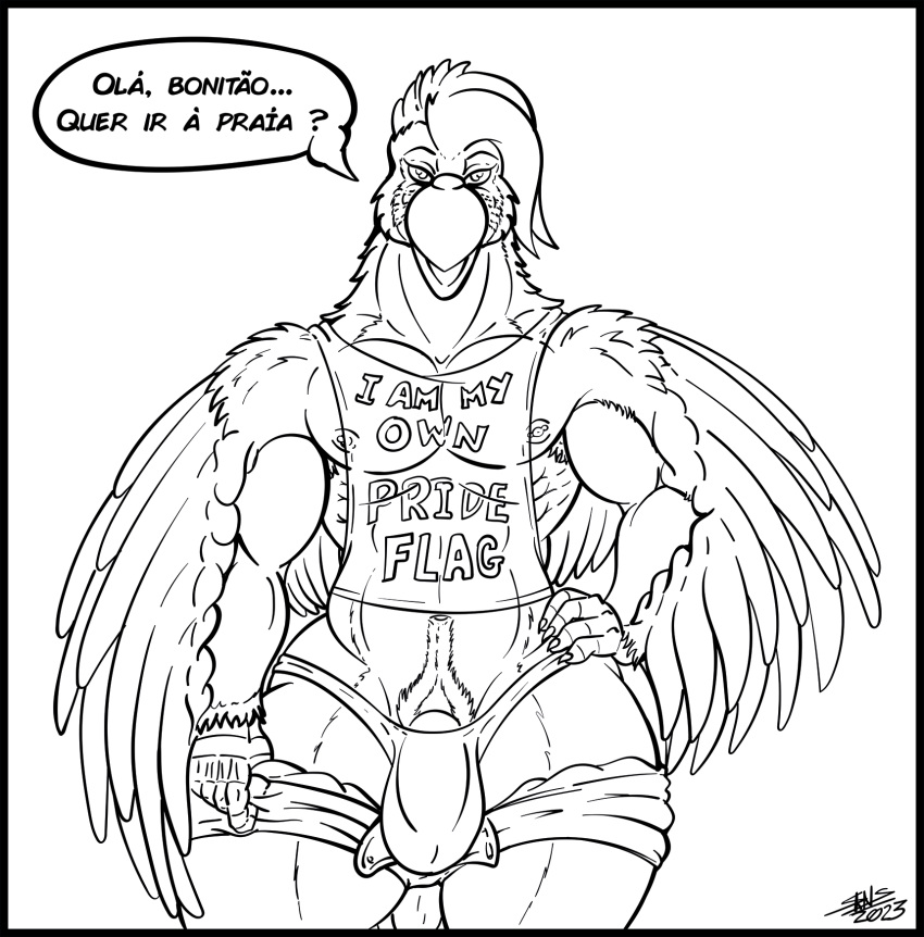 anthro avian azul_da_silva barely_visible_genitalia barely_visible_penis beak bedroom_eyes bird body_hair bottomwear brazilian bulge clothing detailed_bulge dialogue english_text feathered_arms g-string genitals happy_trail hi_res hotpants line_art looking_at_viewer macaw male monochrome muscular muscular_male narrowed_eyes neotropical_parrot nipple_piercing nipples open_zipper parrot penis penis_base piercing portuguese_text seductive shirt shorts skianous solo talking_to_viewer tank_top text thong topwear true_parrot twunk underwear wide_hips winged_arms wings