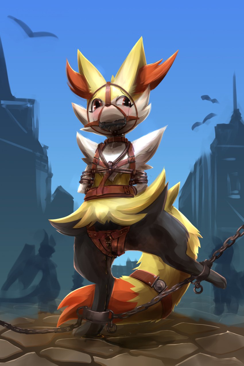 absurd_res anthro bit_gag blush bodily_fluids bondage bound braixen bridle captured chained chains chastity chastity_belt chastity_device fadingsky female female_chastity femsub feral gag generation_6_pokemon genital_fluids hands_behind_back harness hi_res humiliation nintendo pokémon_(species) pokemon pokemon_(species) public public_humiliation pussy_juice restraints rope rope_bondage rope_harness slave solo