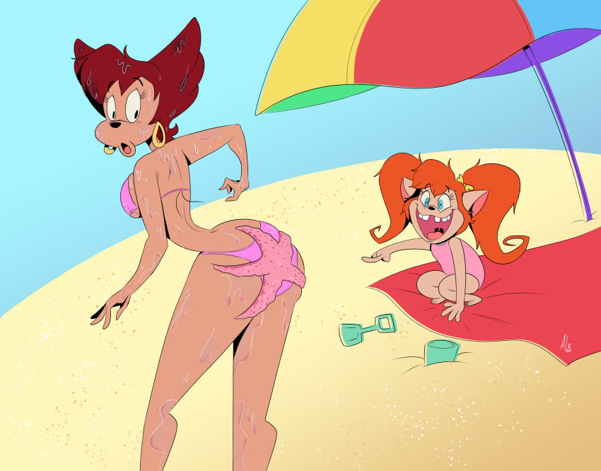 alermg amused beach beach_towel commission commission_art disney goof_troop laughing mother_and_daughter on_butt peg_pete pistol_pete pointing_at_butt soaked starfish