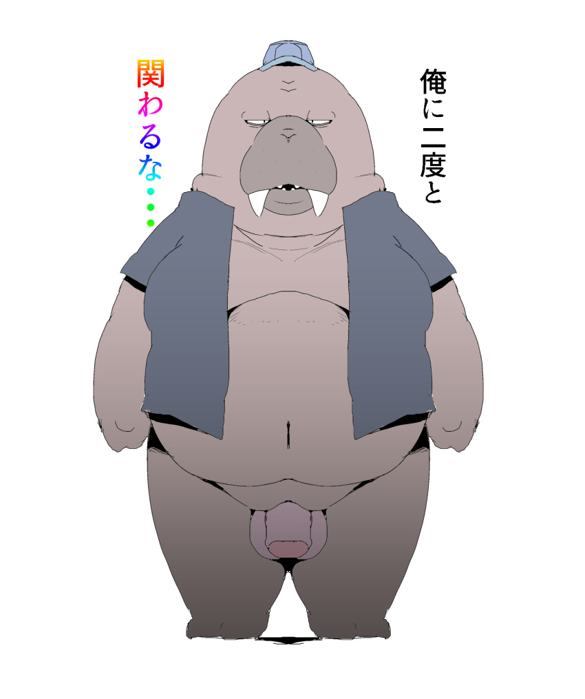 1boy 2023 anthro balls belly clothing flaccid genitals hi_res hiroshi_odokawa_(odd_taxi) japanese_text kemono male male_only mammal marine navel odd_taxi overweight overweight_male penis pinniped shirt sigenoya solo takotyutyu text topwear walrus