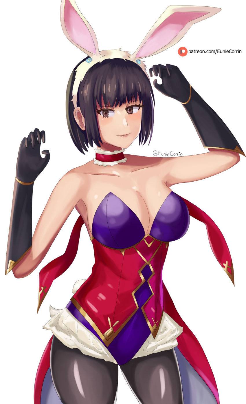 1girls alternate_costume black_hair breasts brown_eyes bunny_ears bunny_girl bunnysuit cleavage euniecorrin female female_only fire_emblem fire_emblem:_thracia_776 gloves large_breasts leotard looking_at_viewer nintendo olwen_(fire_emblem) pantyhose short_hair smile solo splooshiemon white_background year_of_the_rabbit