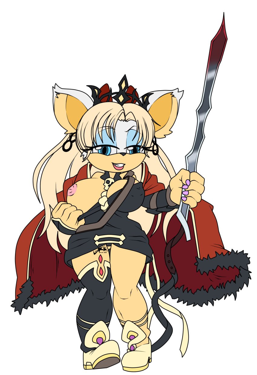 anthro bat cape clothing colored_nails cosplay crown ereshkigal_(fate) ereshkigal_(fate)_(cosplay) fate_(series) female fur fur_trimming hair hi_res humanoid long_hair mammal melee_weapon nails nipple_slip ojisan_mopy personal_grooming polearm rouge_the_bat sega solo sonic_(series) sonic_the_hedgehog_(series) spear trimming_(grooming) weapon