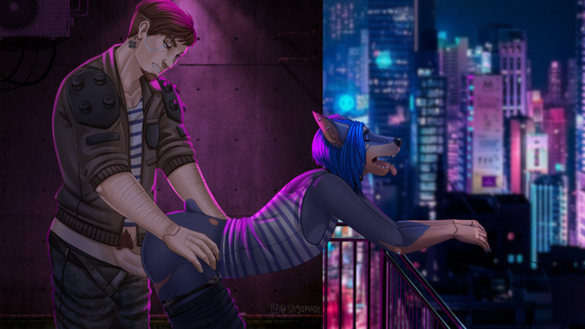 anthro anthro_penetrated athletic_female balcony blue_hair bottomwear canid canine canis city clothed clothed_sex clothing cyberpunk_2077 dobermann domestic_dog duo female genitals hair human human_on_anthro human_penetrating human_penetrating_anthro interspecies light-skinned_male male male/female mammal penetration penis pinscher sajophoe sex skyline topwear valerie_(certifiedhyena)