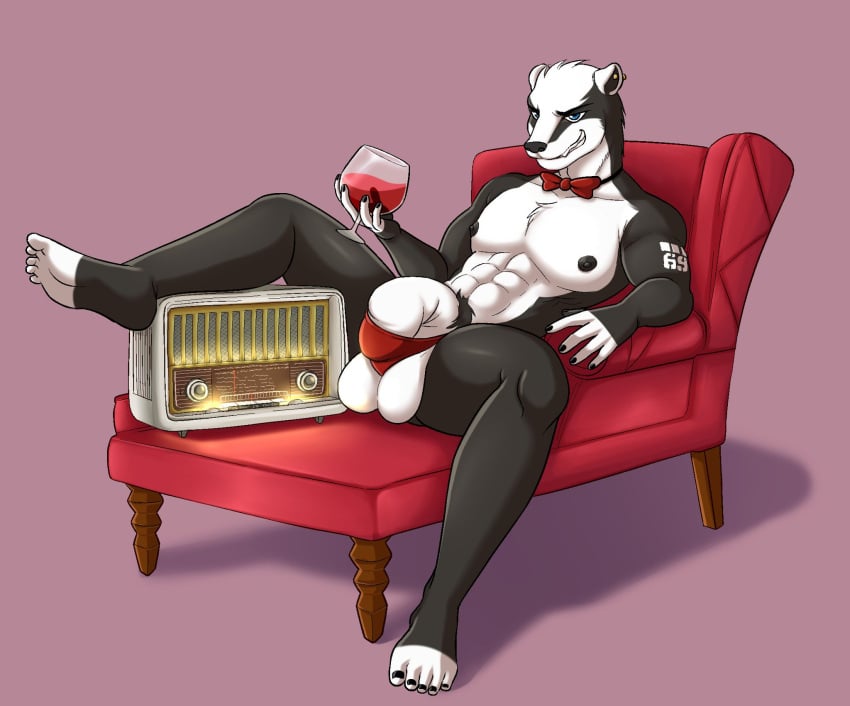 alcohol anthro badger balls beverage big_balls big_penis black_nipples bow_tie bulge chaise_lounge clothing genitals glass hi_res male mammal muscular mustelid musteline nipples penis pubes radio ricardo rxttenmind solo tattoo thong underwear wine