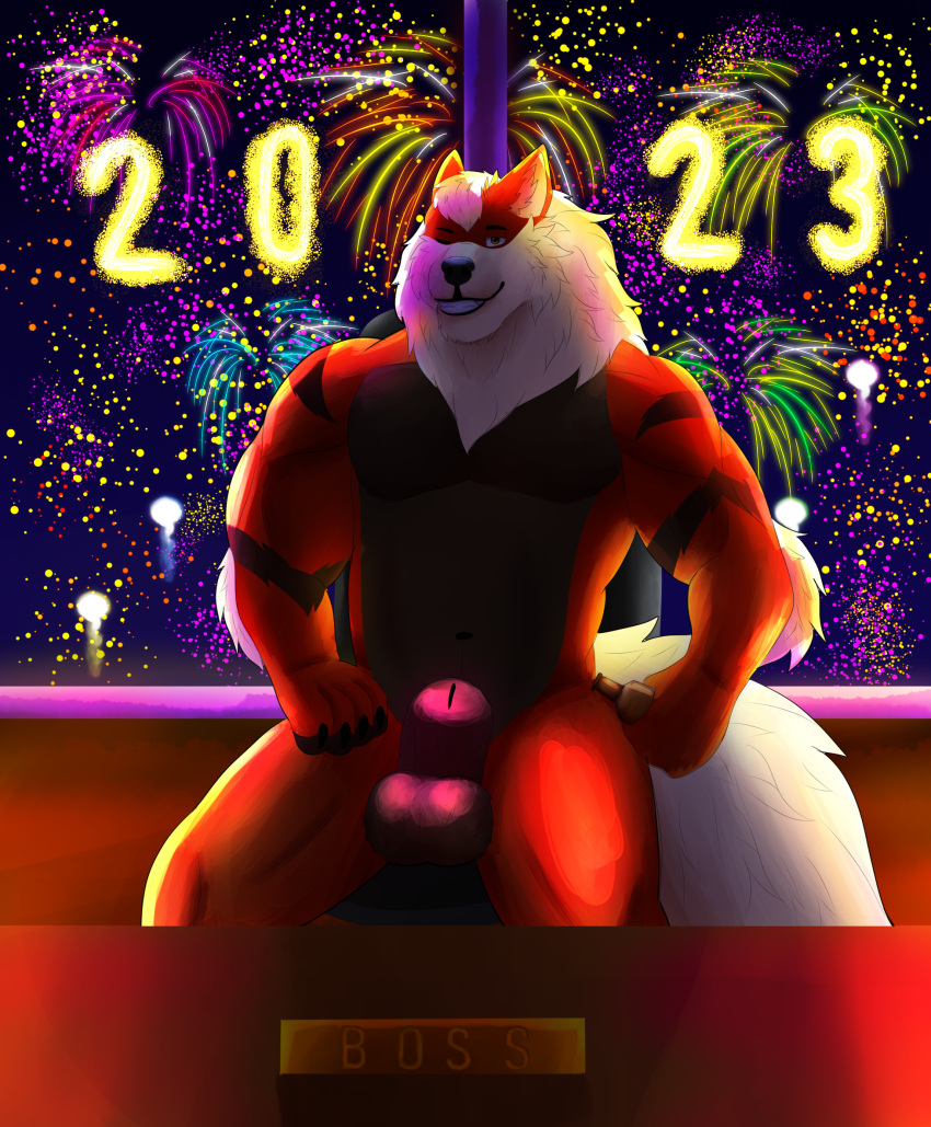 2022 2023 alcohol animal_genitalia anthro arcanine artist_name balls beer beverage biceps big_balls big_sheath boss brown_balls brown_body brown_eyes brown_fur brown_sheath canid canine canis chair claws colored dated digital_drawing_(artwork) digital_media_(artwork) elbow_tuft fingers fireworks fluffy fully_sheathed fur furniture generation_1_pokemon genitals grin hair henryfda hi_res holding_beverage holding_object leg_muscles looking_at_viewer male mammal multicolored_body multicolored_fur musclegut muscular muscular_anthro muscular_male navel neck_tuft night nintendo nude on_chair orange_body orange_fur pecs penis pokémon_(species) pokemon pokemon_(species) shaded sheath simple_background sitting sitting_on_chair smile smirk solo table tail tan_body tan_fur tan_tail text triceps tuft url window