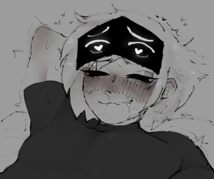 black_eyes blush drooling ecchi geo_(gwain_saga) gwain_saga hand_behind_head heart-shaped_pupils hearts_around_head laying_down laying_on_bed shaking steamy_breath turtleneck visor white_hair