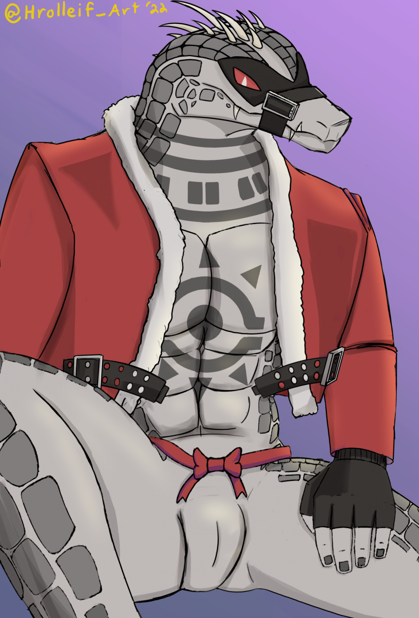 animal_genitalia anthro bow_clothing cloaca clothing crocodile crocodilian crocodylid daylon_(dislyte) dislyte fangs festive_clothing fingerless_gloves genital_slit genitals gloves handwear hi_res hrolleif male mask pantsless red_eyes reptile scalie slit solo spikes tattoo teeth