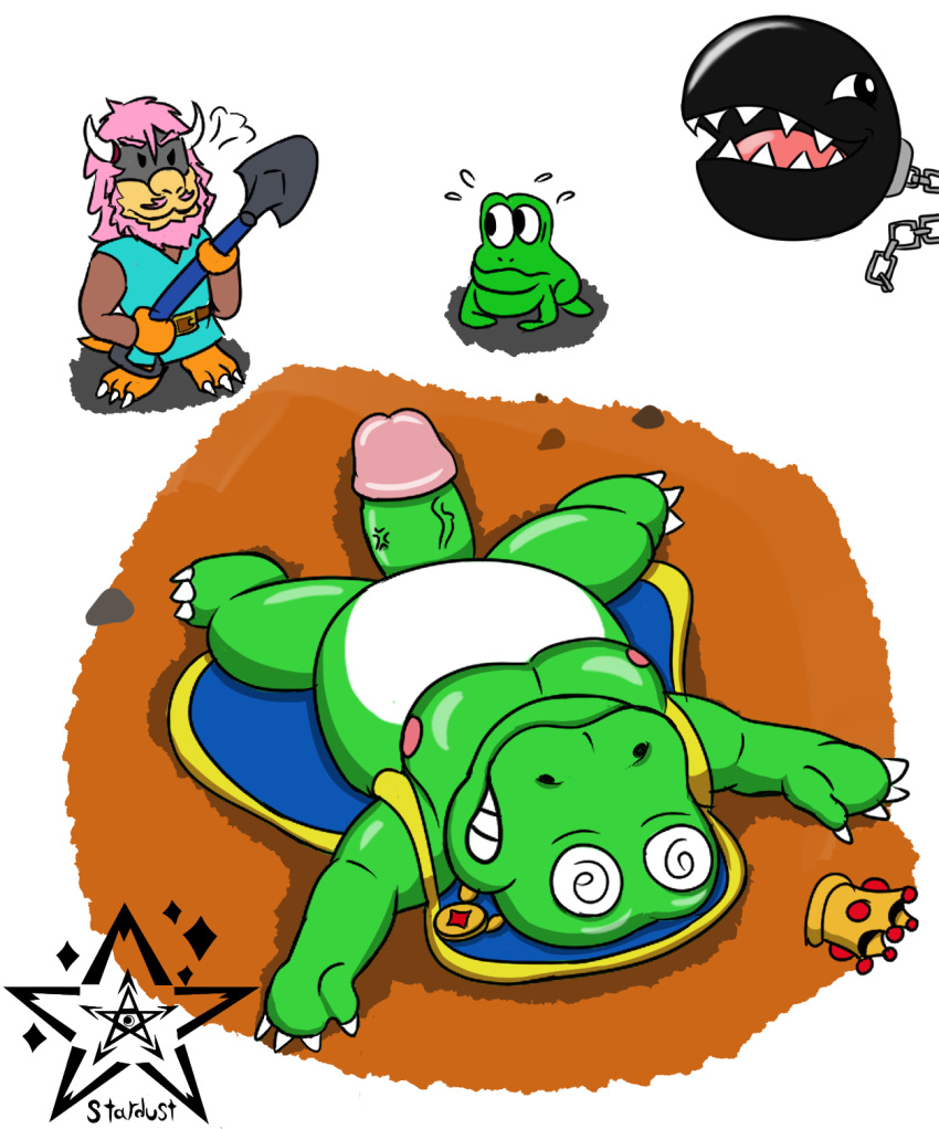 amphibian anthro anthro_only chain_chomp chubby_male crown digital_drawing_(artwork) digital_media_(artwork) fafnir_stardust_(artist) fan_character frog genitals glans green_body hair hi_res humor k.o. koopa link's_awakening male male_only mario_(series) nintendo nipples penis pink_hair scalie simple_background spiral_eyes super_mario_bros. super_mario_bros._2 unconscious wart_(mario)