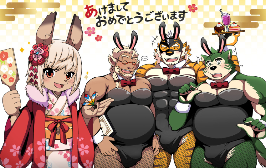 abs anthro asian_clothing bearlovestiger13 belly biceps blush bow_tie bulge canid canine canis chinese_zodiac clothing detailed_bulge domestic_dog east_asian_clothing eyewear fake_ears fake_rabbit_ears felid female fishnet_leggings fur glasses green_body green_fur group huckle humanoid japanese_clothing kimono kirsch_(live_a_hero) lagomorph leporid lifewonders live-a-hero male mammal mask mokdai muscular muscular_anthro muscular_male new_year_2023 overweight pantherine pecs playboy_bunny rabbit ryekie_(live_a_hero) striped_body striped_fur stripes superhero tiger year_of_the_rabbit