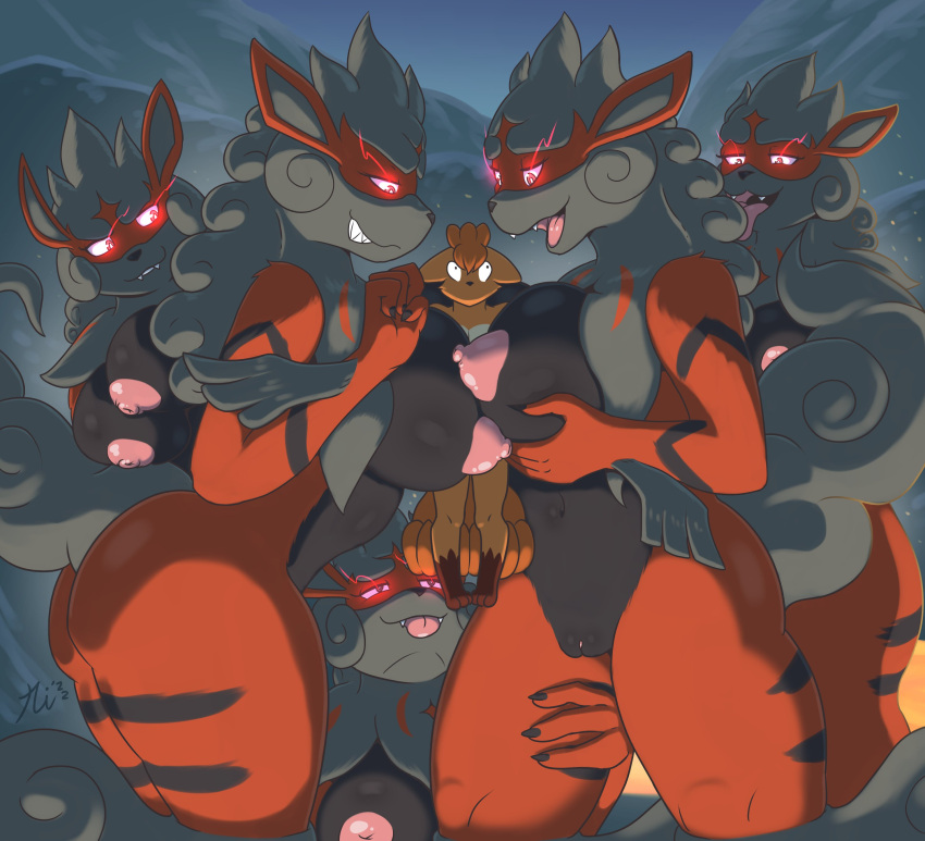 1boy 5girls absurd_res alpha_pokémon anthro arcanine areola between_breasts big_breasts breasts canine canine_humanoid female fox generation_1_pokemon genitals hi_res hisuian_arcanine hisuian_form imminent_sex larger_female nineka nintendo nipples nude pink_areola pink_nipples pokémon_(species) pokemon pokemon_(species) pokemon_legends:_arceus pussy regional_form_(pokemon) size_difference smaller_male surrounded vulpix