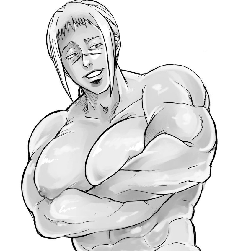 big_pecs crossed_arms facial_scar fist_of_the_seeker half-closed_eyes kengan_(series) kengan_ashura kengan_omega ktktgsknnd kureishi_mitsuyo male male_only monochrome moobs muscular muscular_male pec_squish pecs shiny_skin smile solo topless topless_male upper_body