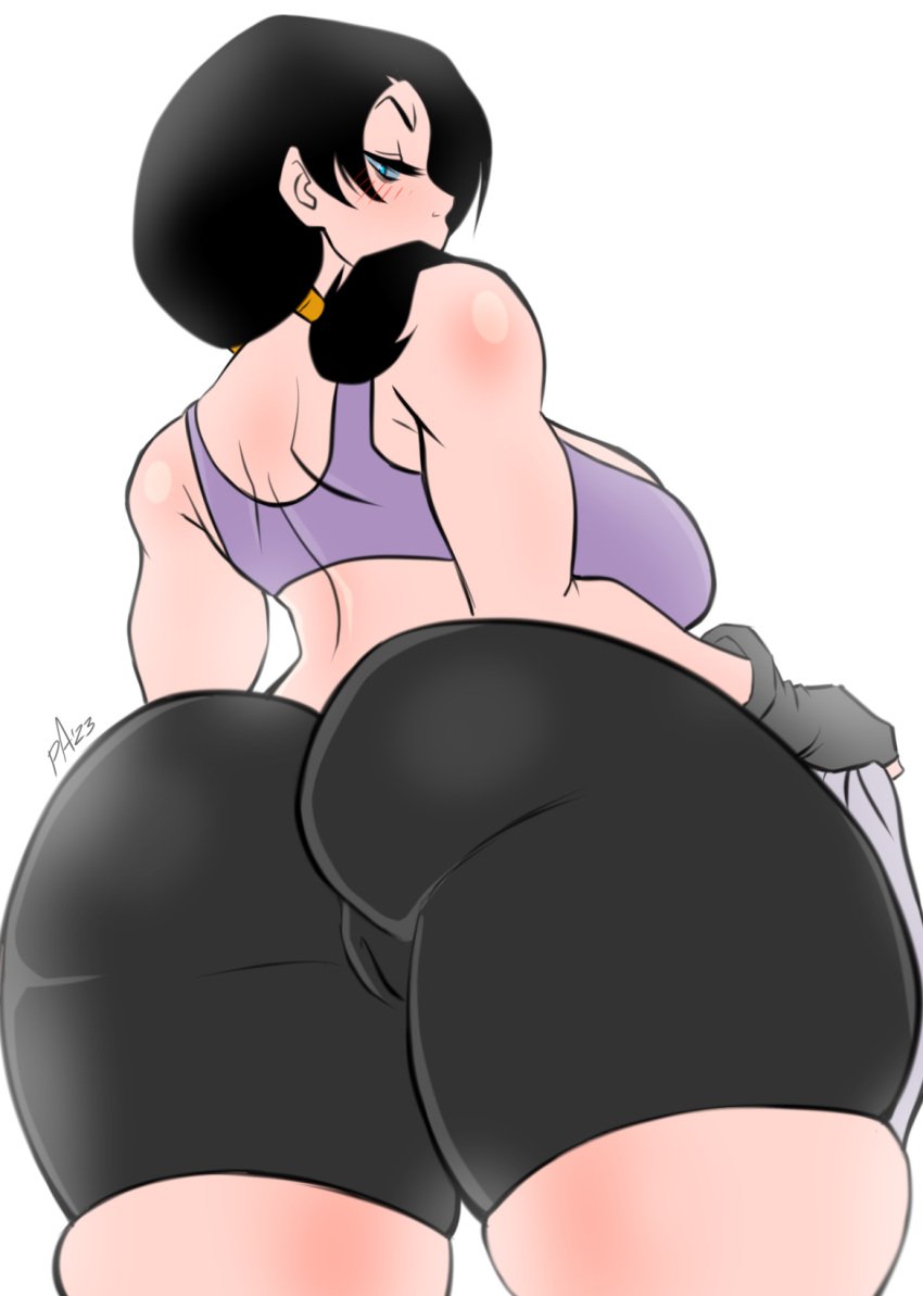 1girls annoyed annoyed_expression athletic athletic_female big_ass big_butt bike_shorts black_hair blue_eyes blush blush blush_lines bra camel_toe cameltoe dragon_ball dragon_ball_z female female_focus fingerless_gloves full_color glaring glaring_at_viewer hi_res high_resolution highres pov pranky simple_background solo solo_female spats thick thick_ass thick_thighs tight_clothing twintails videl walk-in white_background