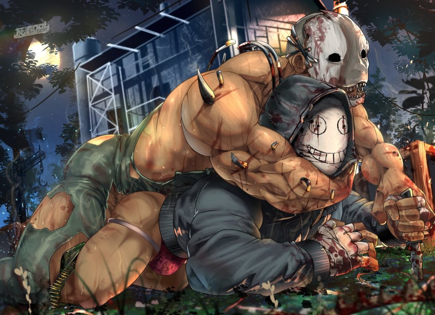 2boys anal anal_sex biceps bk_mita dead_by_daylight doggy_style gay gay_domination gay_sex hood_up hoodie male/male male_only male_penetrating male_penetrating_male mask masked masked_male muscles muscular muscular_arms muscular_male on_ground the_legion the_trapper