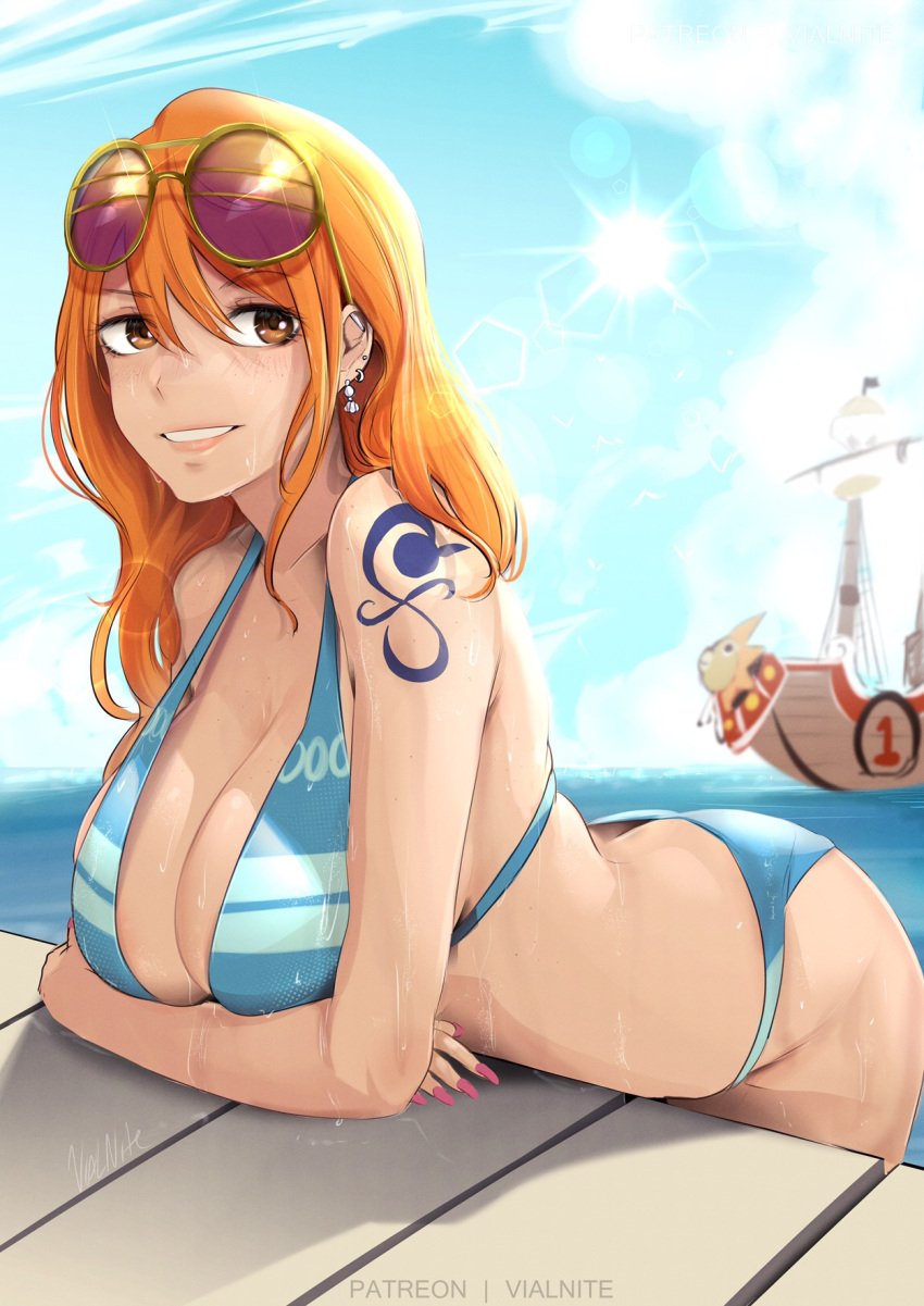 beach bikini cleavage fat_ass female female_only huge_breasts long_hair nami one_piece orange_hair post-timeskip striped_bikini vialnite