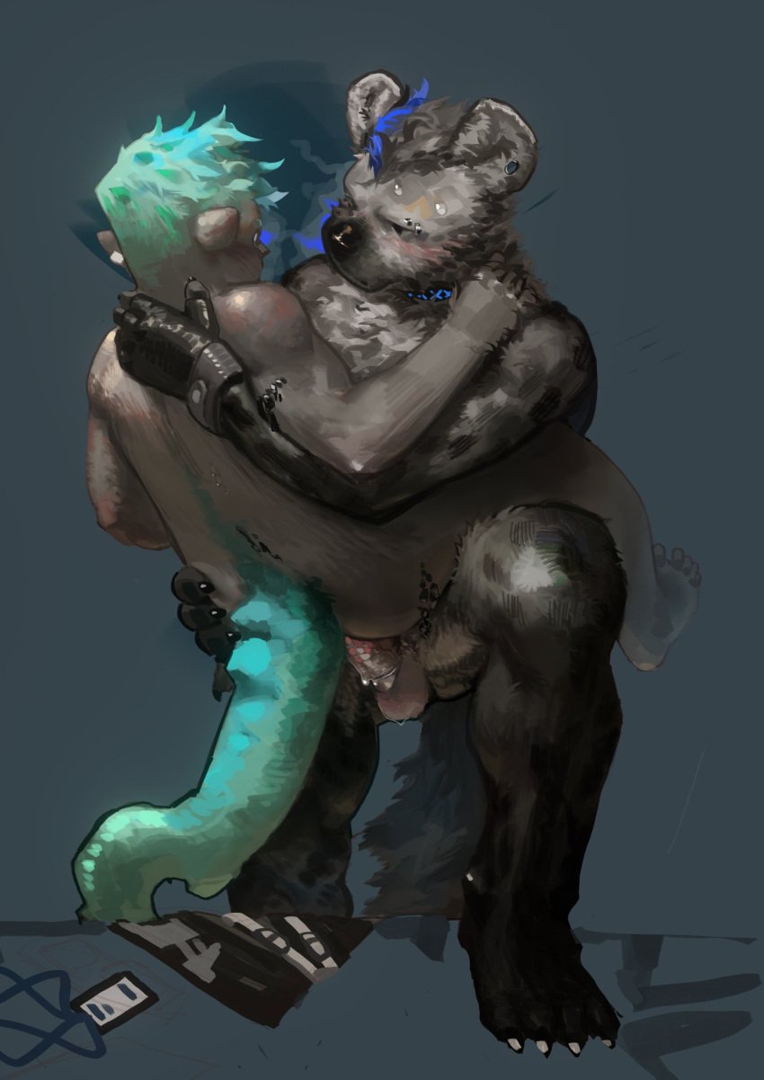 anal anal_sex anthro arknights bamboo_carbon bodily_fluids carrying_partner carrying_position chameleon duo ear_piercing ethan_(arknights) feet hi_res humanoid hyena hypergryph id_card lizard lizard_tail looking_at_another looking_at_partner male male/male mammal nude oripathy_lesion_(arknights) penetration piercing reptile scalie spot_(arknights) studio_montagne sweat unknown_artist