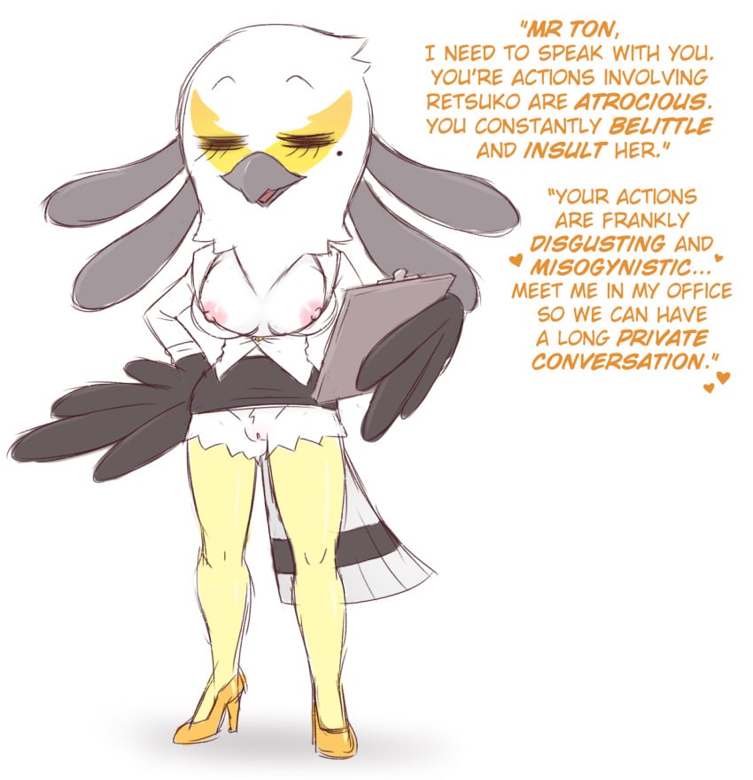 accipitriform aggressive_retsuko anthro avian beak beauty_mark bird bottomwear breasts clipboard closed_eyes clothed clothing english_text feathers female footwear genitals hand_on_hip hi_res high_heels ineffective_clothing inviting miniskirt mootcookie_(artist) nipples no_underwear pussy sanrio secretary_bird secretary_washimi skirt smooth_fur suggestive_dialogue text white_body white_feathers