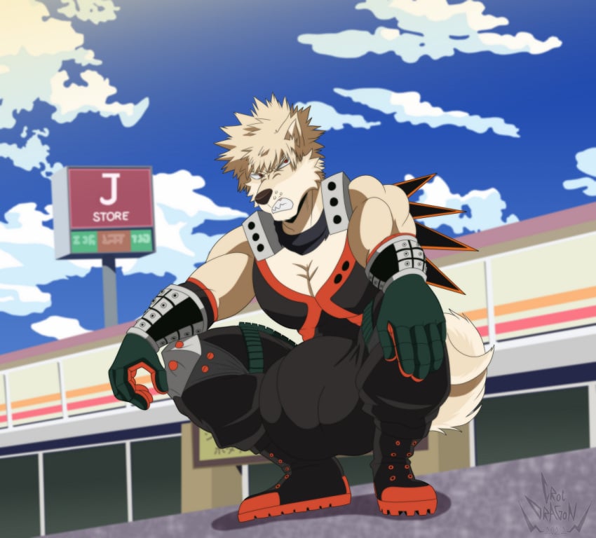 alternate_species angry anthro balls_outline big_bulge bulge canid canine canis clothing crocdragon89 detailed_bulge domestic_dog genital_outline huge_bulge katsuki_bakugou male male_focus male_only mammal my_hero_academia solo solo_male