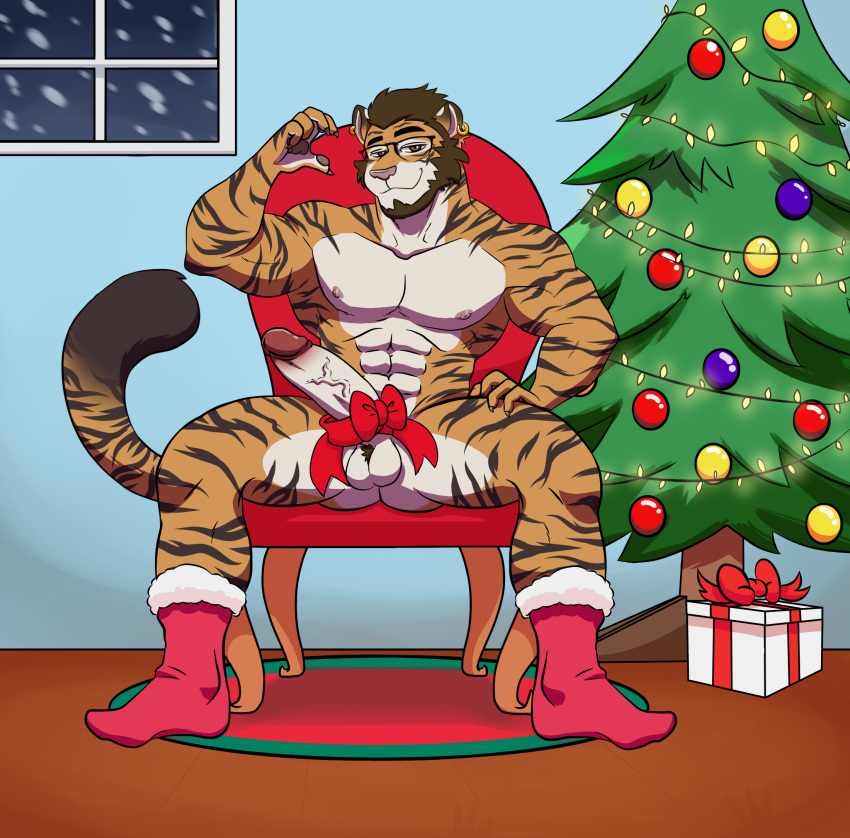 accessory balls barazoku christmas countershade_torso countershading erection felid feline furry genitals glans hi_res holidays humanoid_genitalia humanoid_penis male mammal morgandeer nude pantherine penis penis_accessory penis_bow penis_ribbon ribbons solo striped_body stripes tiger vein veiny_penis