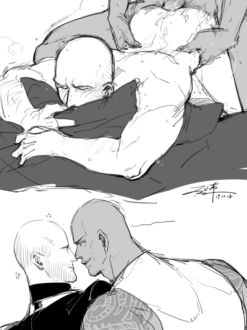 2boys arm_hair ass bald bald_man bara closed_eyes deckard_shaw facial_hair fast_and_furious_(franchise) from_behind gay j.us luke_hobbs male male_only monochrome muscular_male shoulder_tattoo tattoo yaoi