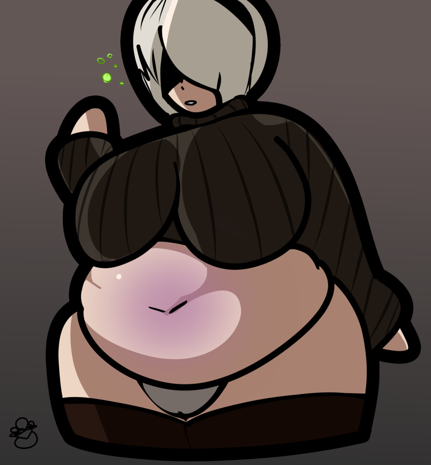 1girls bbw belly big_belly big_breasts blindfold breasts chubby fat female female_only hairband huge_belly light-skinned_female light_skin nier nier:_automata overweight rattfat short_hair solo solo_female thick_thighs thighhighs white_hair yorha_2b