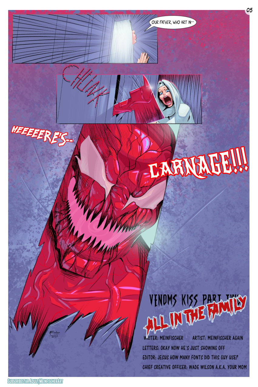 blue_eyes carnage_(marvel) cletus_kasady comic english_text female male marvel marvel_comics meinfischer nun nun's_habit nun_outfit page_5 page_number red_skin sex spider-man_(series) symbiote tagme venom's_kiss_(comic)