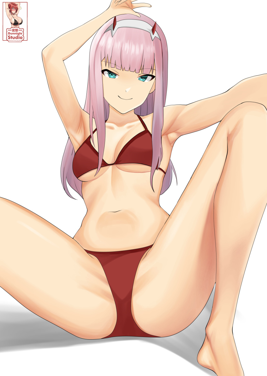 bikini blue_eyes darling_in_the_franxx gunnigle long_hair medium_breasts pink_hair spread_legs swimsuit tagme zero_two_(darling_in_the_franxx)