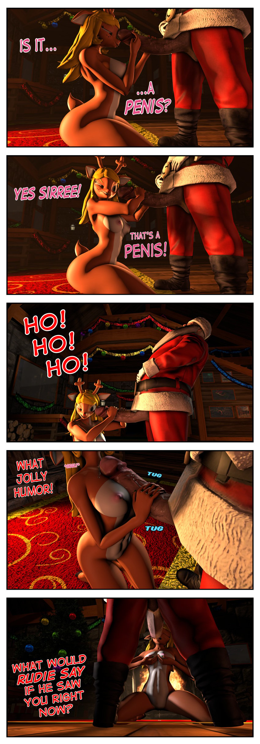 absurd_res anthro big_penis breast_play breasts cervine chadchan3d christmas comic cuckold dancer_(reindeer) deer deltarune dialogue english_text female genitals hi_res holidays huge_cock human human_on_anthro humor infidelity interspecies male male/female mammal noelle_holiday overweight overweight_male paizuri penis rudolph_the_red-nosed_reindeer santa_claus sex smelly taryk_(zaxelle) text thick_thighs titjob undertale_(series)