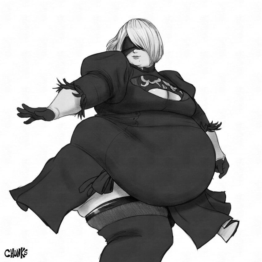 1girls bbw belly big_belly big_breasts blindfold breasts chubby chunkerchunks clothed clothing fat female female_only huge_belly light-skinned_female light_skin nier nier:_automata obese overweight short_hair solo solo_female thick_thighs thighhighs white_background white_hair yorha_2b