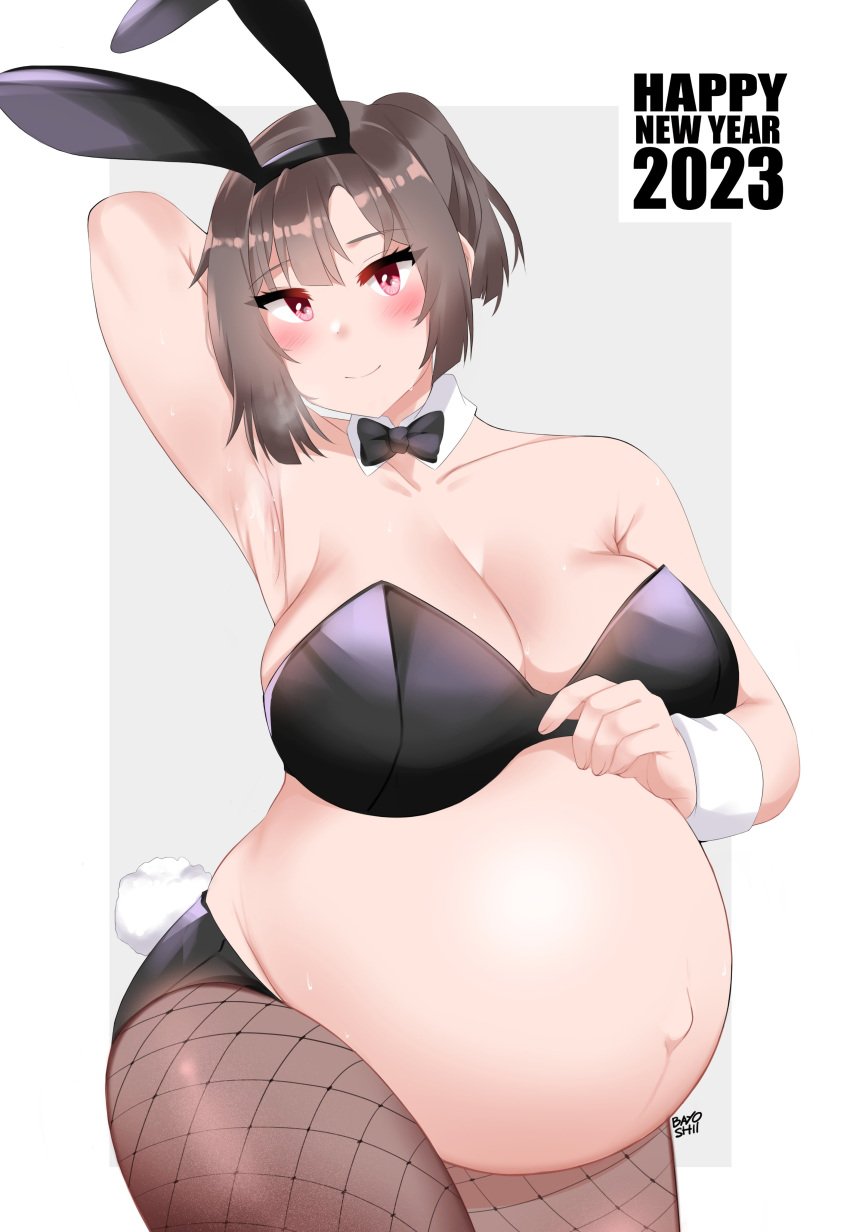 1girls bayoshii big_breasts breasts bunny_ears bunny_girl bunnysuit female female_only huge_belly large_breasts pregnant ready_to_pop solo