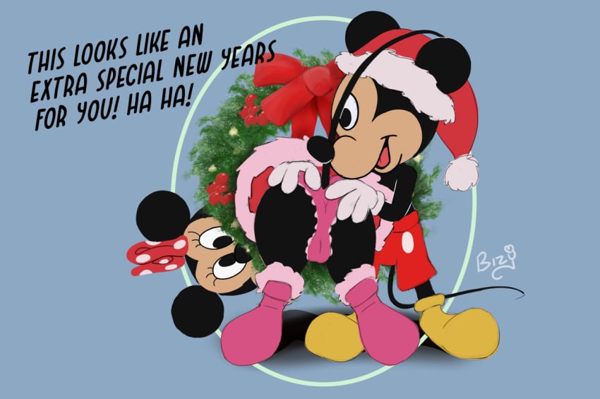 2022 anthro ass bizymouse bound christmas clothing disney duo english_text female holidays male mickey_mouse minnie_mouse panties pink_clothing pink_panties pink_underwear restrained text underwear