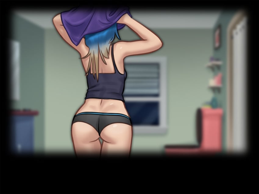 1boy 1girls 2d after_shower ass bathroom blue_hair darkcookie digital_drawing_(artwork) digital_media_(artwork) drying_hair eve_(summertime_saga) female female_focus light-skinned_female light_skin main_character_(summertime_saga) panties shirt solo solo_female solo_focus standing summertime_saga tank_top towel two_tone_hair underwear