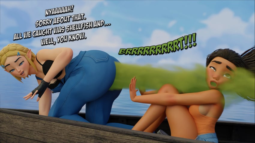 2girls 3d ass_on_face big_ass crossover disney disney_princess fart farting_in_face female jeans moana moana_waialiki princess_zelda saxanas tears_of_the_kingdom the_legend_of_zelda yuri zelda_(tears_of_the_kingdom)