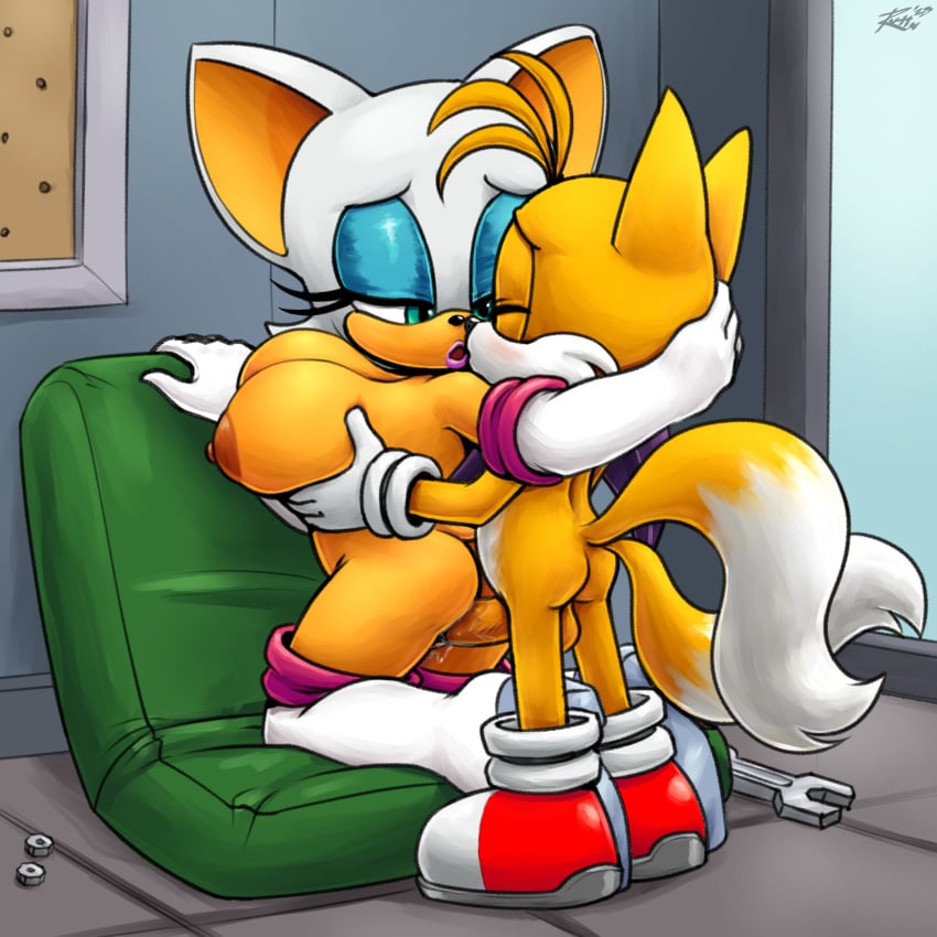 2023 bat blush bodily_fluids fox from_behind furry gloves large_breasts larger_female looking_back nude nude_female on_knees penetration rouge_the_bat sega sex size_difference sonic_(series) sonic_the_hedgehog_(series) soubriquetrouge tail tails vaginal_penetration yellow_fur