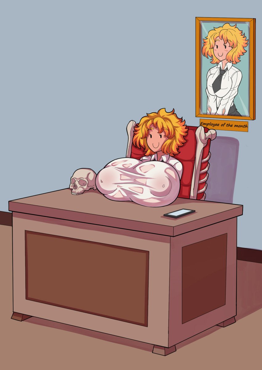 absorption_vore blonde_hair breast_expansion breasts c: desk digestion employee_uniform female_only large_breasts skull sunnyhero vore