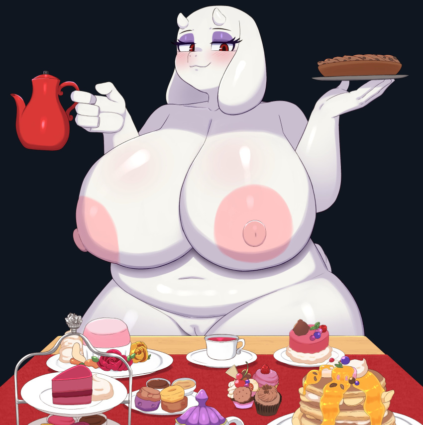 absurd_res anthro areola areolae ass beverage big_breasts black_background blush bovid braffy breasts cake caprine container cup dessert erect_nipples female food fur furniture furry furry_only genitals goat goat_ears goat_tail half-closed_eyes hi_res holding_object holding_plate holding_teapot huge_breasts large_breasts mammal milf narrowed_eyes navel nipples nude overweight overweight_female pac-man_eyes pancake pie plate pussy simple_background smile solo table tea teapot thick_thighs toriel undertale undertale_(series)