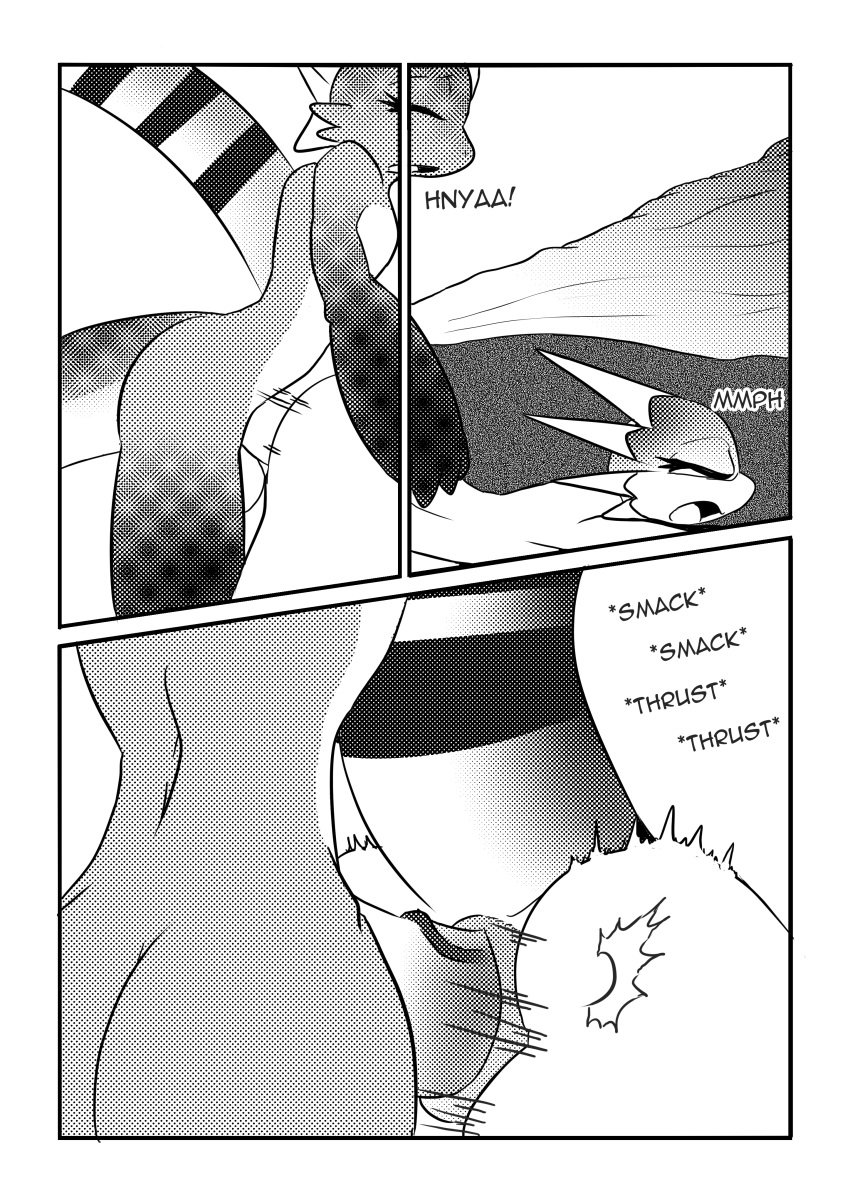 absurd_res allosaurid allosaurus anal anal_sex anthro anus ass comic dinosaur duo eraxa_(character) hi_res male male/male monochrome oasis_(character) ornithischian pachycephalosaurid pachycephalosaurus penetration reptile scalie screentone spread_butt spreading taboo_tails_(copyright) text theropod white_crest