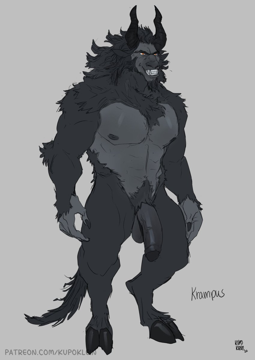 1boy 2022 abs anthro artist_name artist_website balls ballsack biceps big_penis black_fur body_fur caprine caprine_demon character_name chest_tuft claws dangling_testicles demon evil_grin facial_hair fangs foreskin genitals goat_demon goatee grey_background hi_res hooves horns humanoid_penis intact krampus kupo_klein long_hair_male low_hanging_balls male male_nipples male_only male_pubic_hair mammal mane masculine mature_male muscles muscular_male navel nude_male orange_eyes partially_retracted_foreskin pecs penis pubes scrotum semi-erect shoulder_tuft sideburns simple_background smile solo standing tail teeth testicles triceps tuft uncut vein veiny_penis